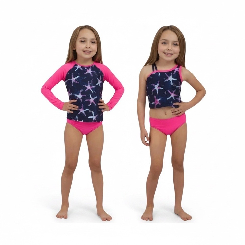 Lands' End 3 Piece Bikini Rash-Guard Swim Set Girls Pink Size 3T Long‎ Sleeve